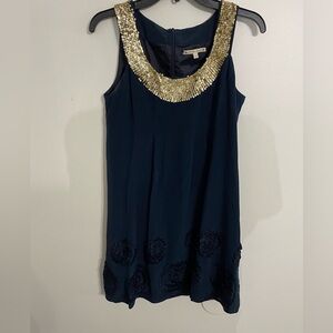 Nanette Lepore Navy Silk Dress Gold Sequin Neckline Size 2